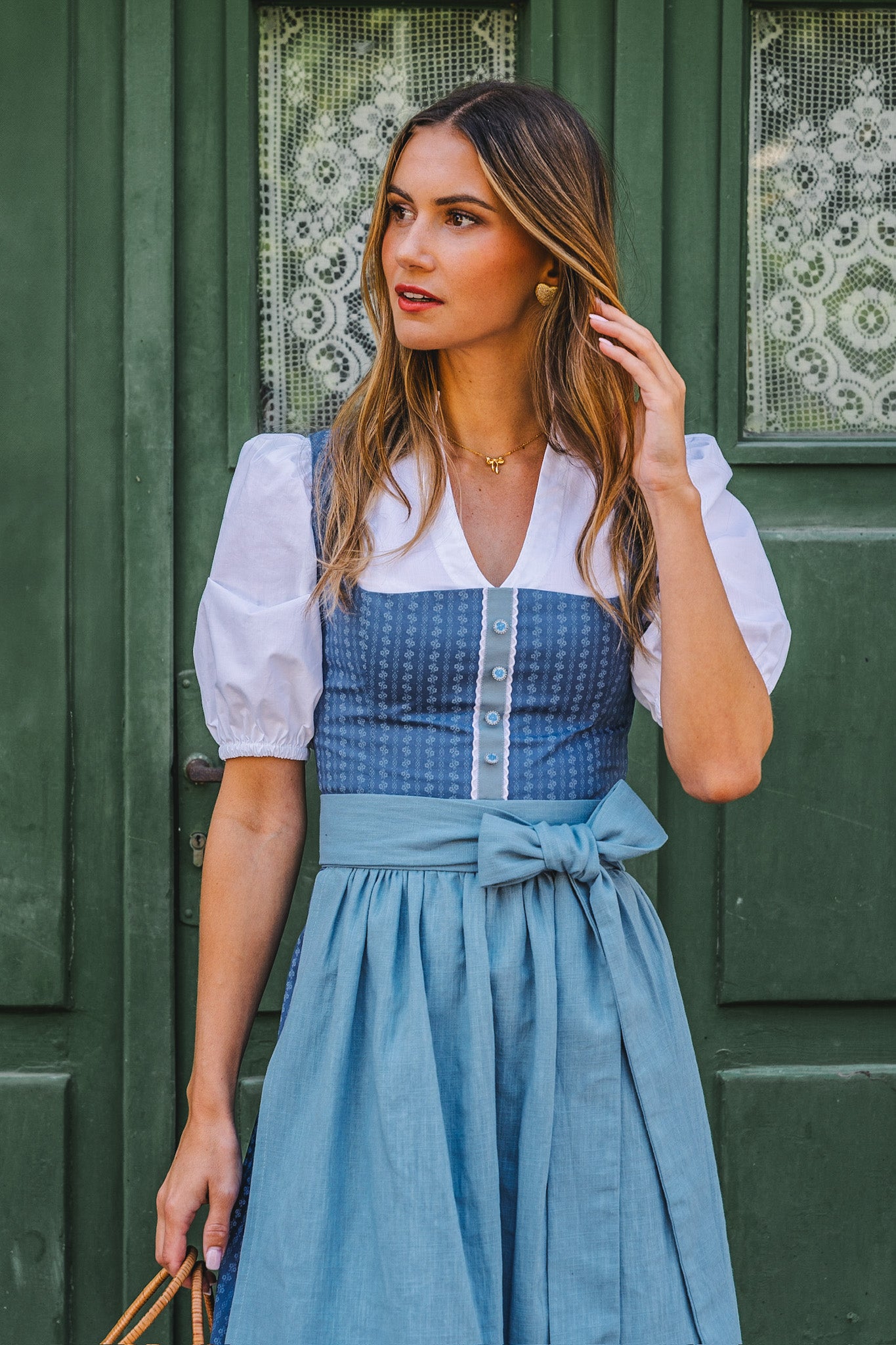 BW DIRNDL VINTAGE STRIPED FLOWER TAUBENBLAU