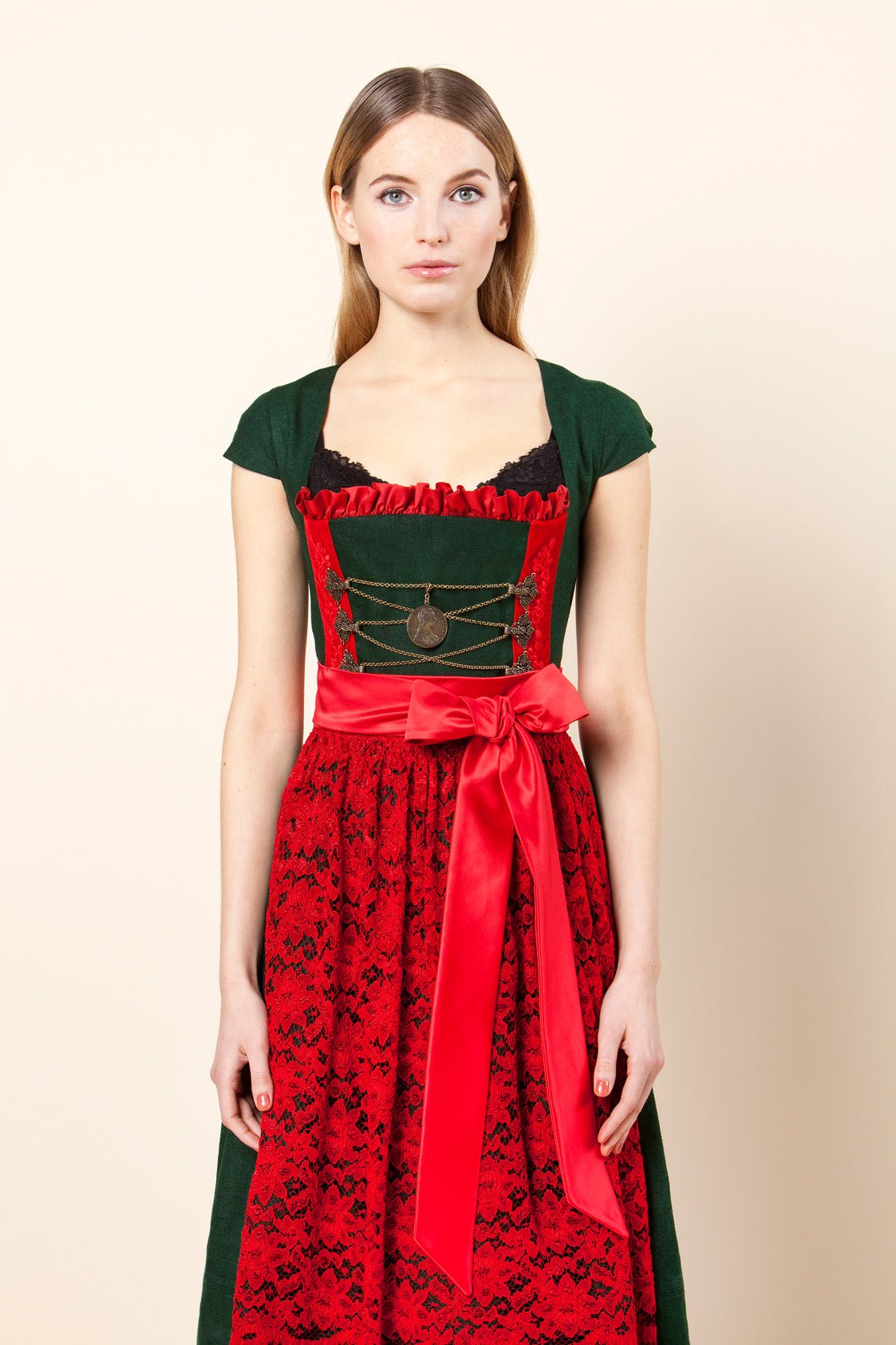DIRNDL LODEN WALDGRÜN/ROT - JAN&INA Trachten