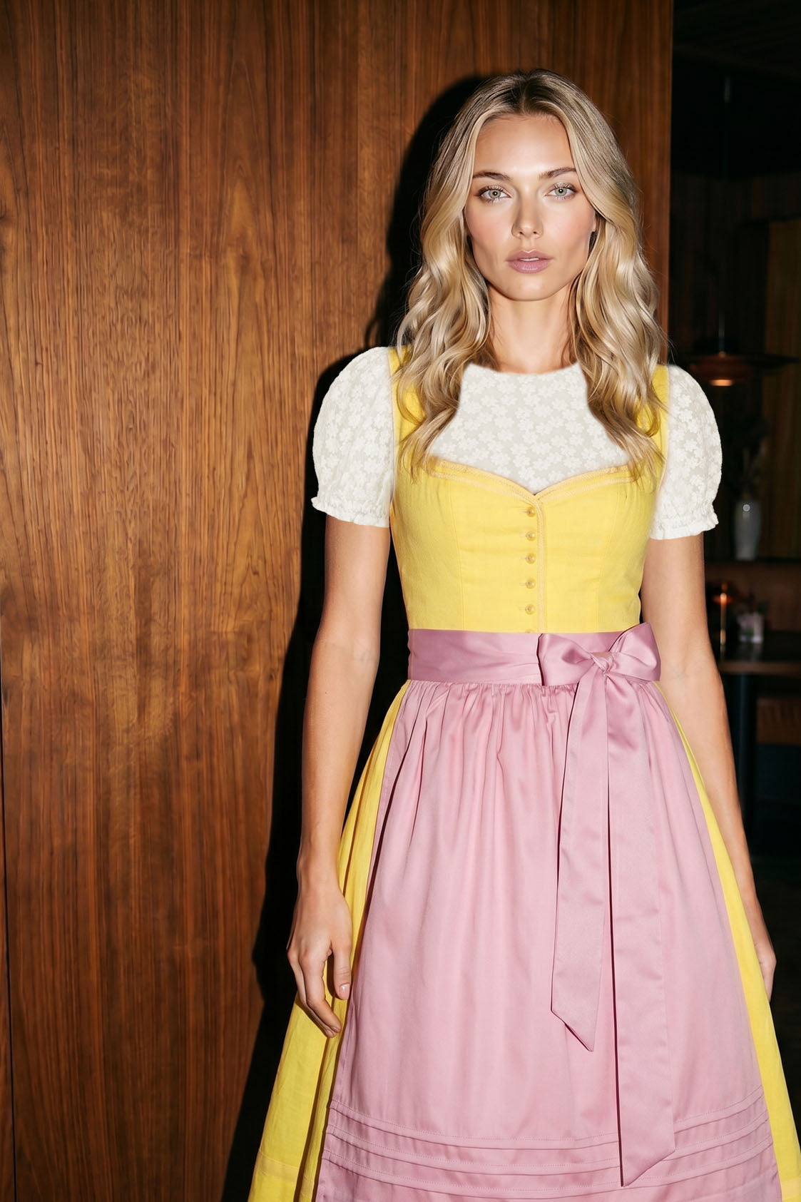 LEINENDIRNDL MONOCHROME LOVE GELB/ SORBETROSA