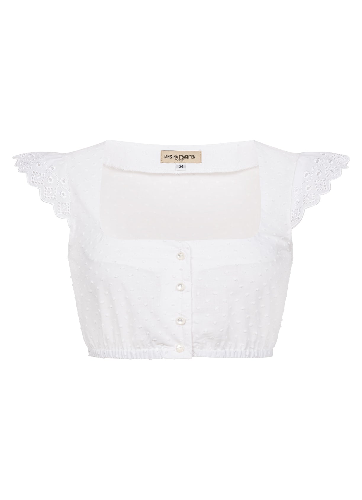 DIRNDLBLUSE BAUMWOLL DOTS KARREEAUSSCHNITT FLÜGELARM WEISS