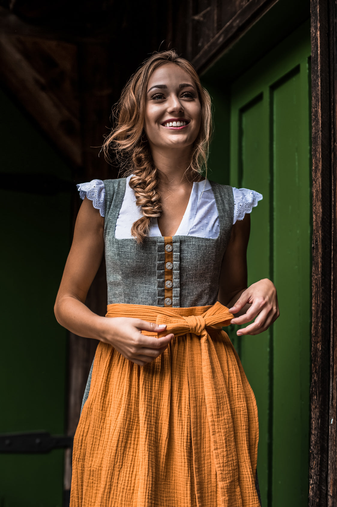 LEINEN DIRNDL TRADITIONAL GREY MELANGE/ SENF
