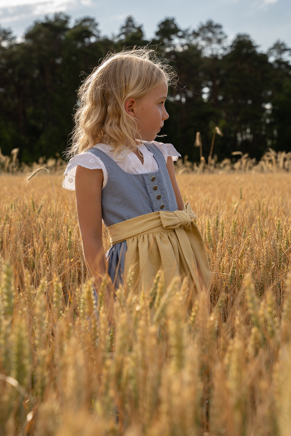 LEINEN KINDER DIRNDL TRADITIONAL MONACO SKY HELLBLAU/ GELB