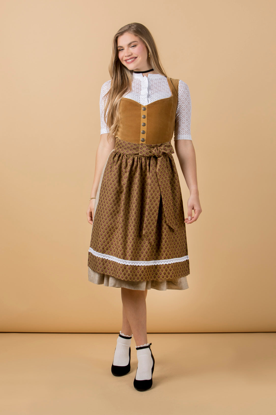 SAMT-JACQUARD DIRNDL CAMEL/CAPPUCINO