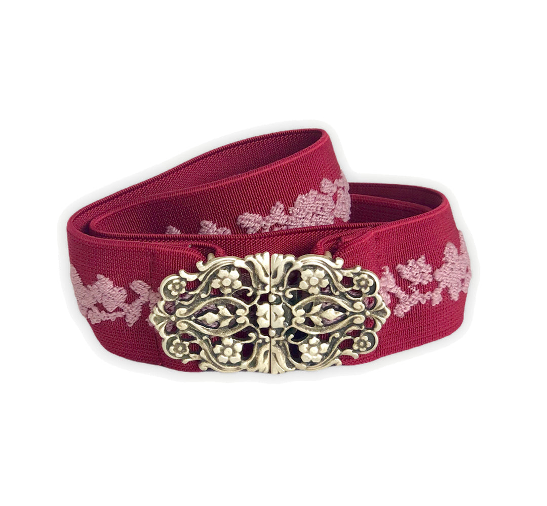 TRACHTENGÜRTEL STRETCH VINTAGE STICKEREI ROT/ MAUVE