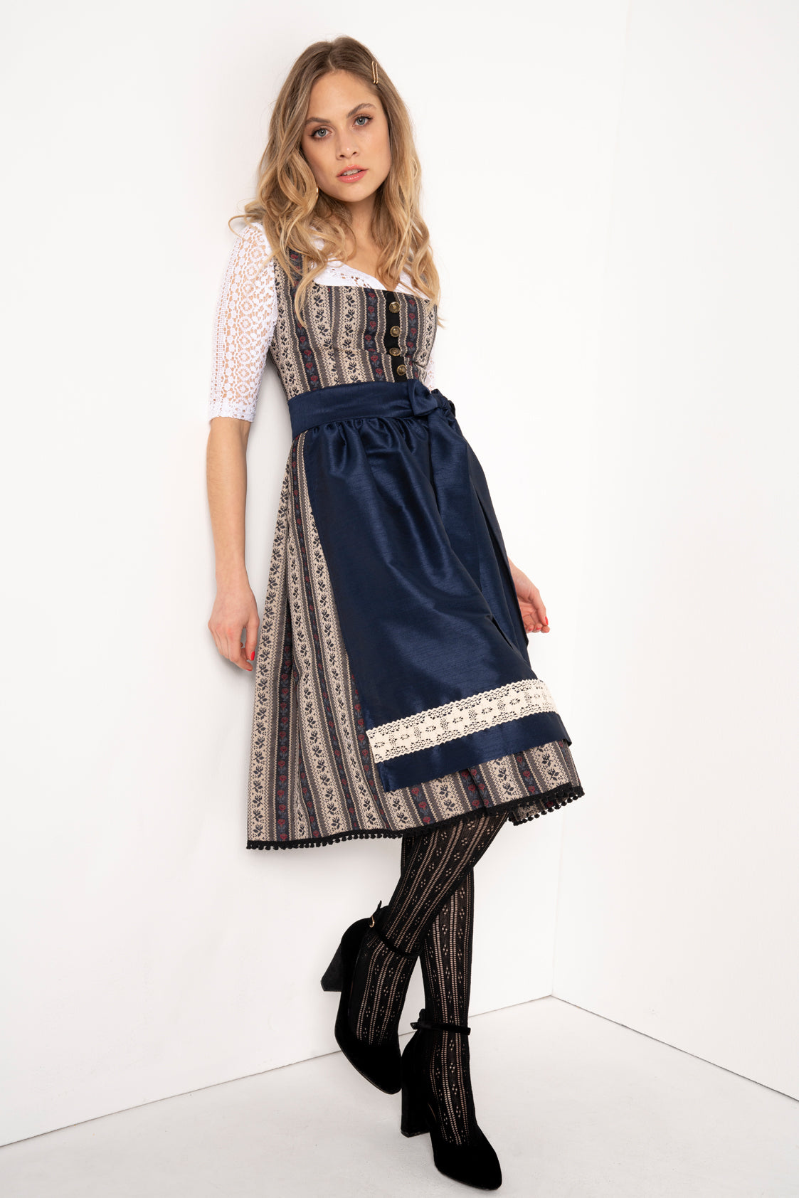 DIRNDL VINTAGE GOBELIN FLORAL STRIPES SCHWARZ