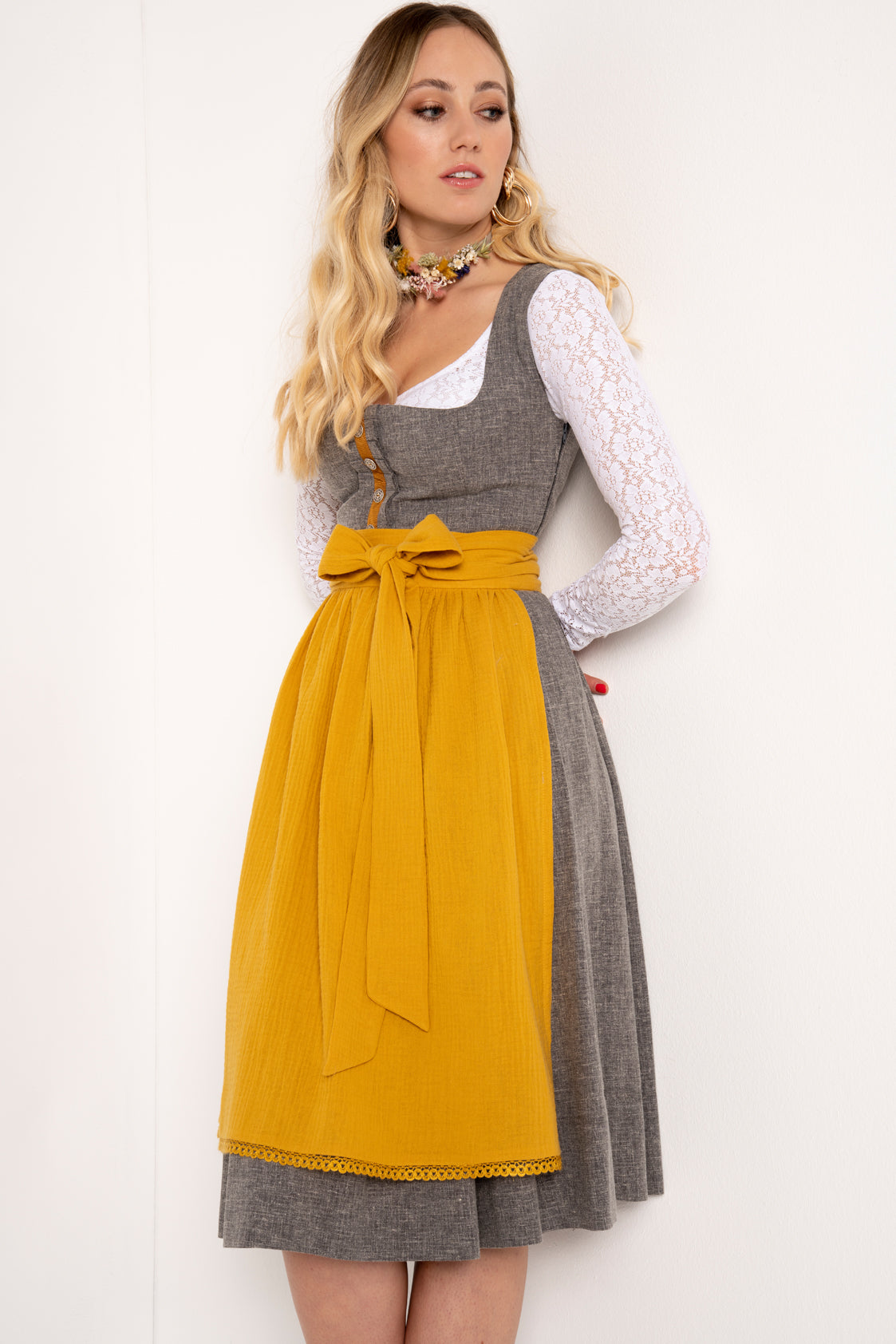 LEINEN DIRNDL TRADITIONAL GREY MELANGE/ SENF