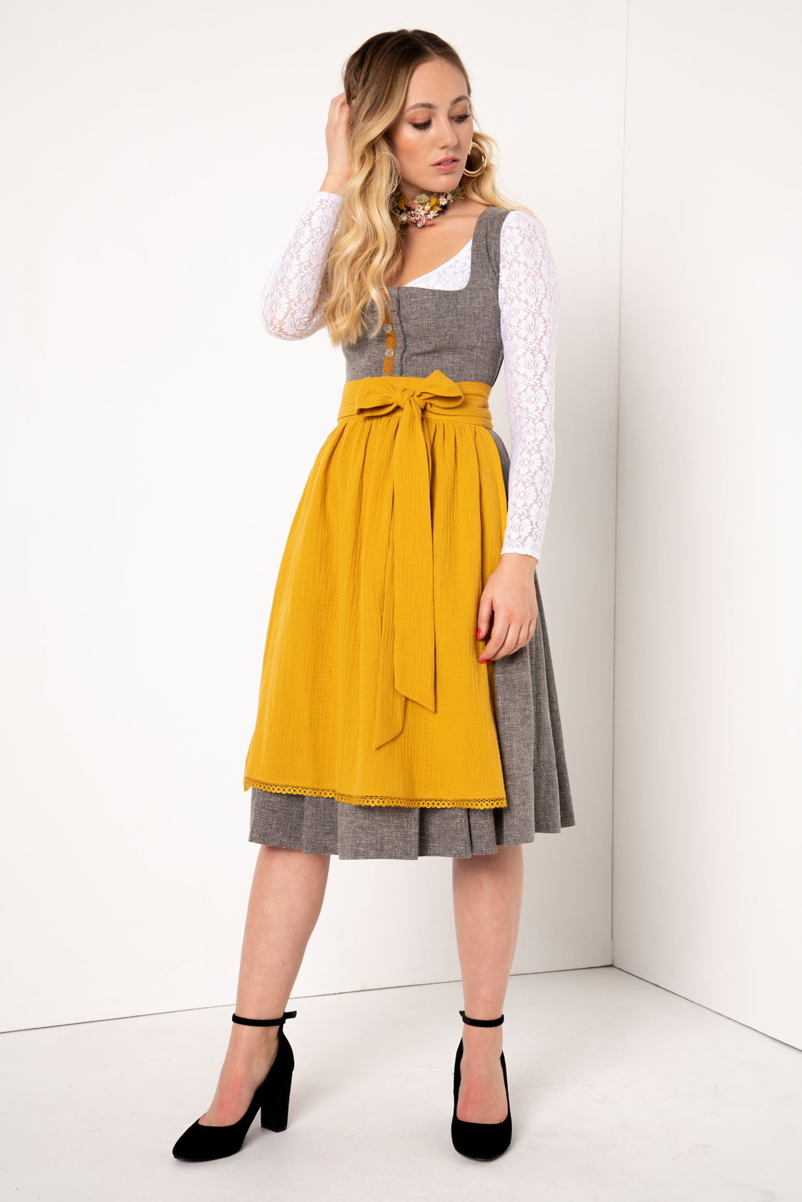 LEINEN DIRNDL TRADITIONAL GREY MELANGE/ SENF