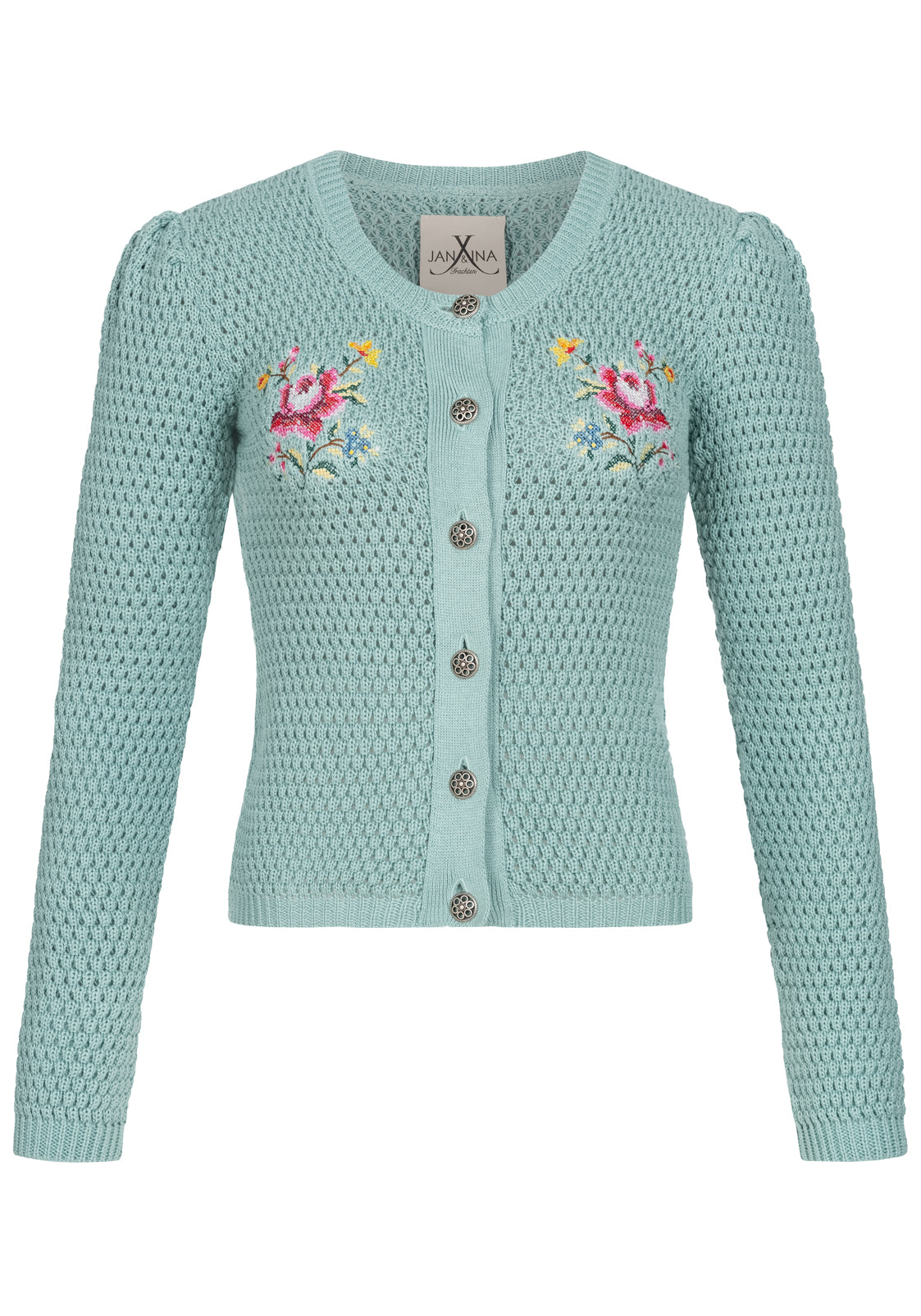 STRICKJANKER MIT FOLKLORESTICKEREI JADEGRÜN