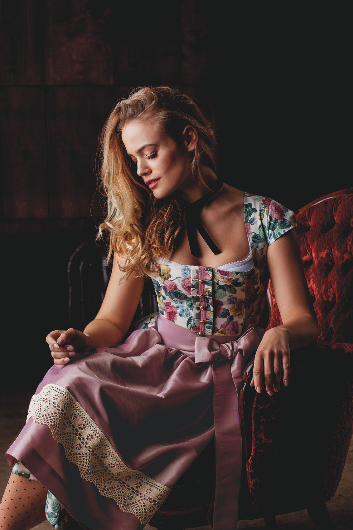 BAUMWOLL- SEIDEN DIRNDL VINTAGE ROSES ROSÈ