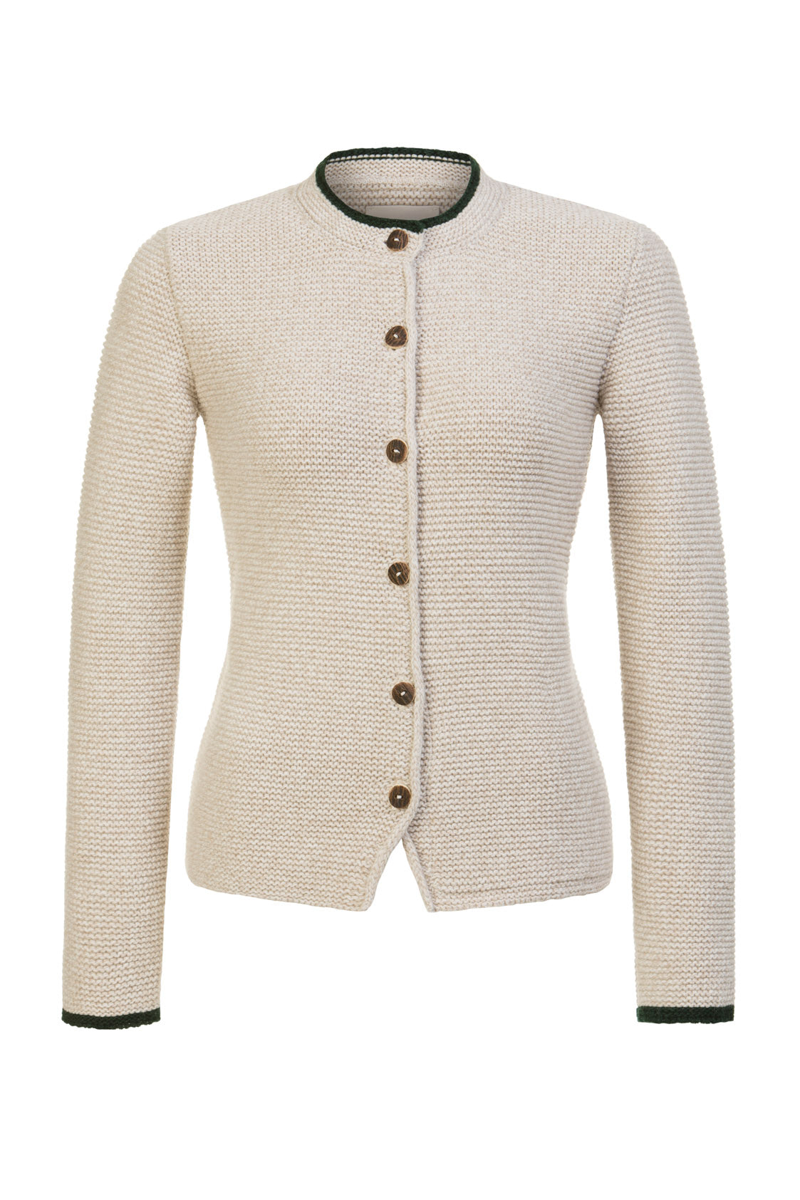 STRICKJACKE HEIDI MIT STEHKRAGEN BEIGE/TANNENGRÜN