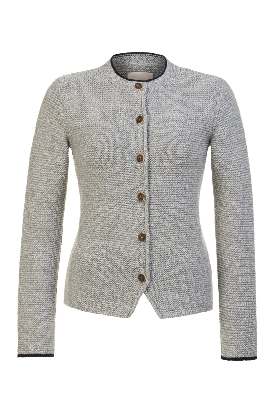 STRICKJACKE HEIDI MIT STEHKRAGEN GRAU-MELANGE/DUNKELBLAU