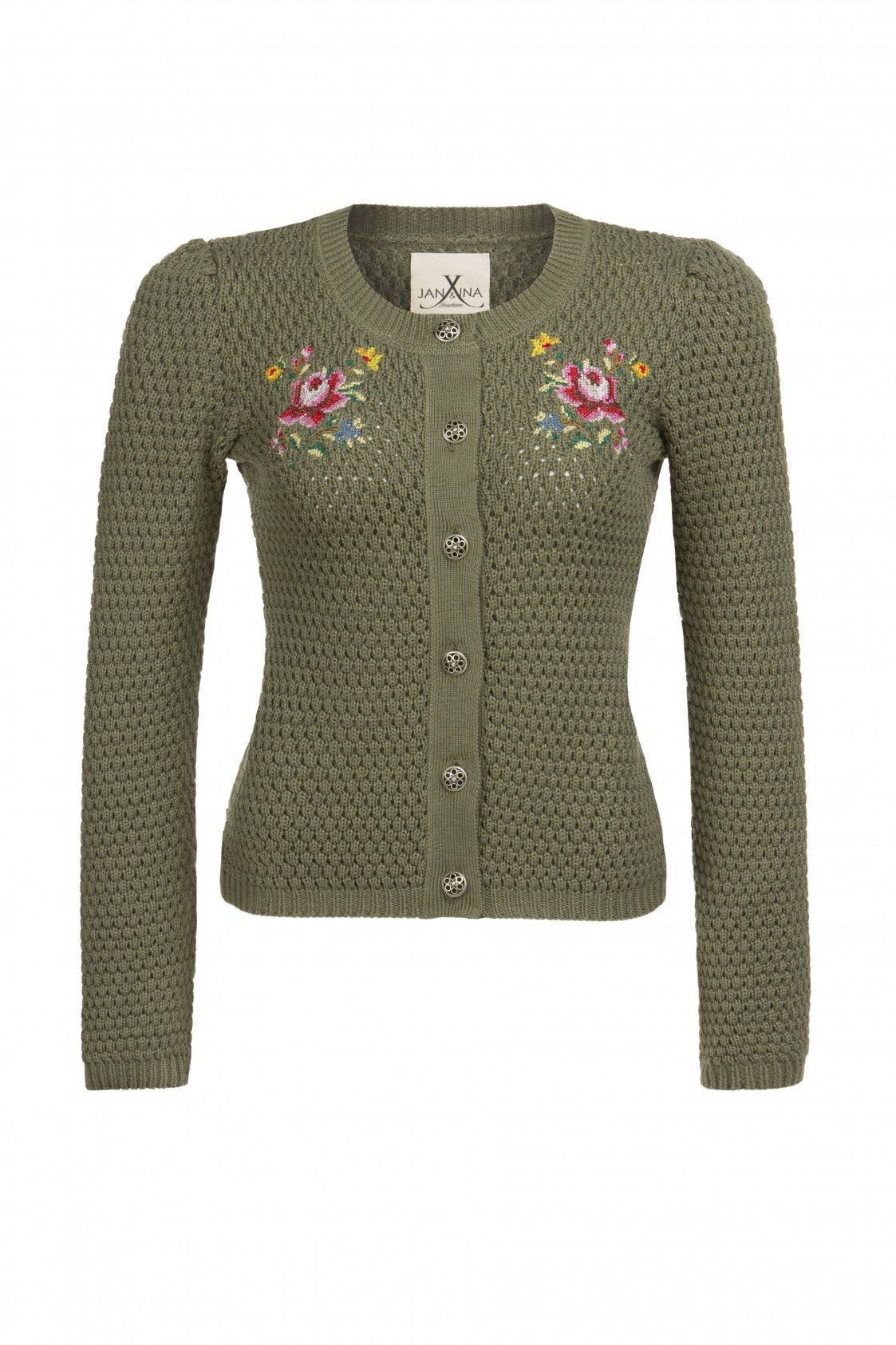STRICKJANKER MIT FOLKLORESTICKEREI KHAKI - JAN&INA Trachten