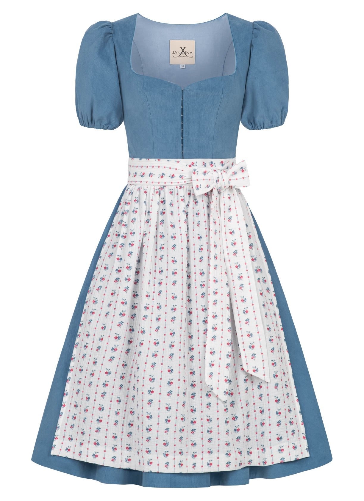 CORD DIRNDL LIMITED EDITION 2024 FLARE FLOWER TRADITION HELLBLAU WEISS MIT 2 SCHÜRZEN - JAN&INA Trachten