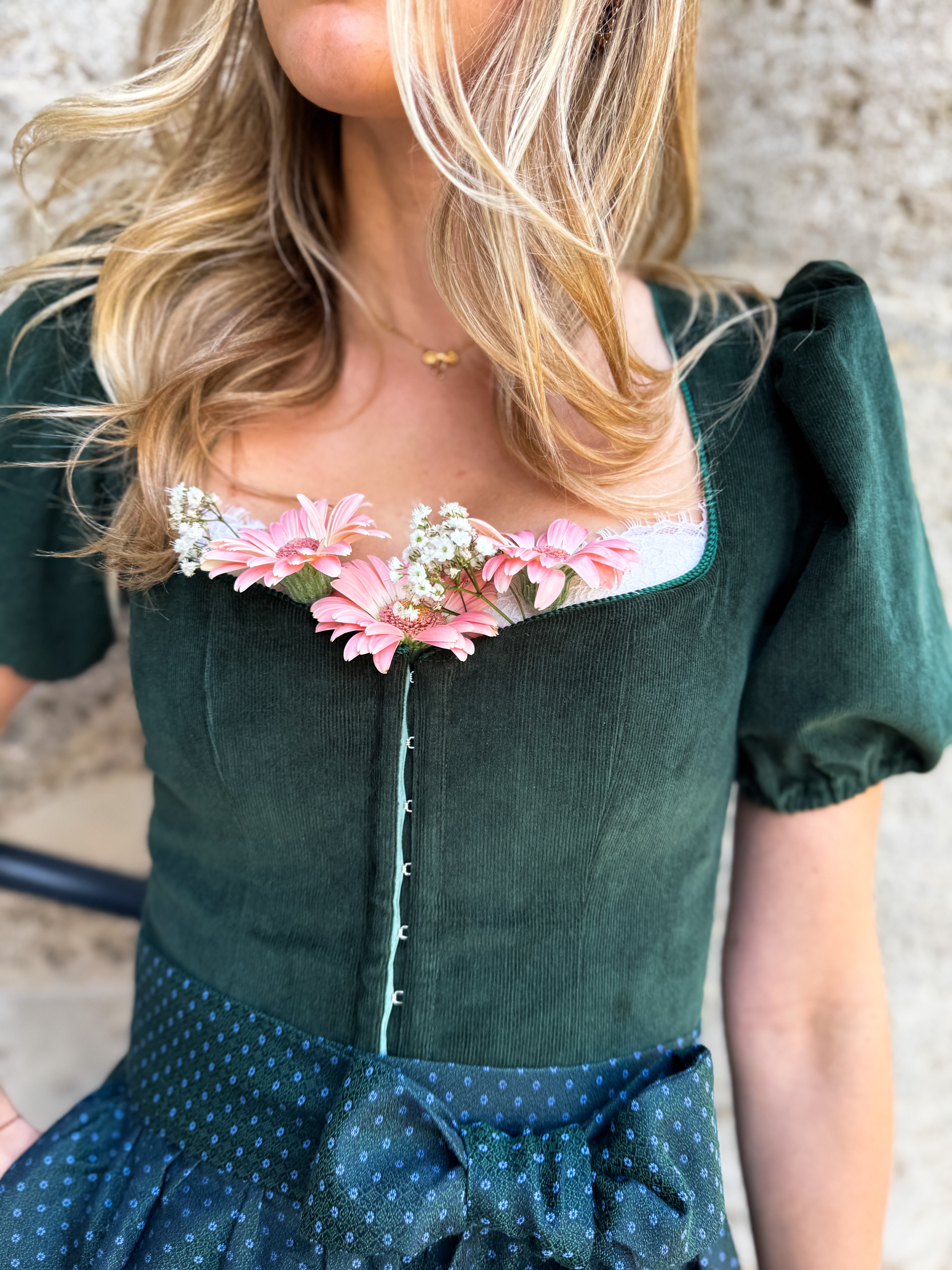 CORD DIRNDL FLARE FLOWERS TANNENGRÜN/ BLAU