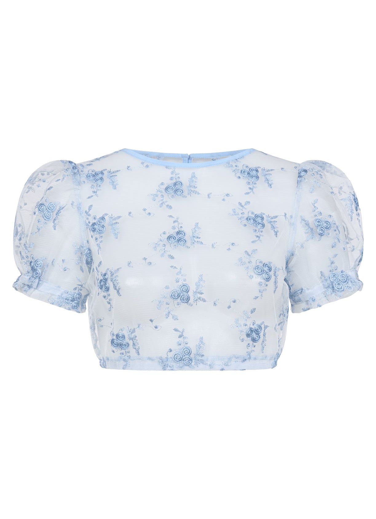 DIRNDLBLUSE  FLOWER TÜLL  EMBROIDERY  PUFFÄRMEL HELLBLAU