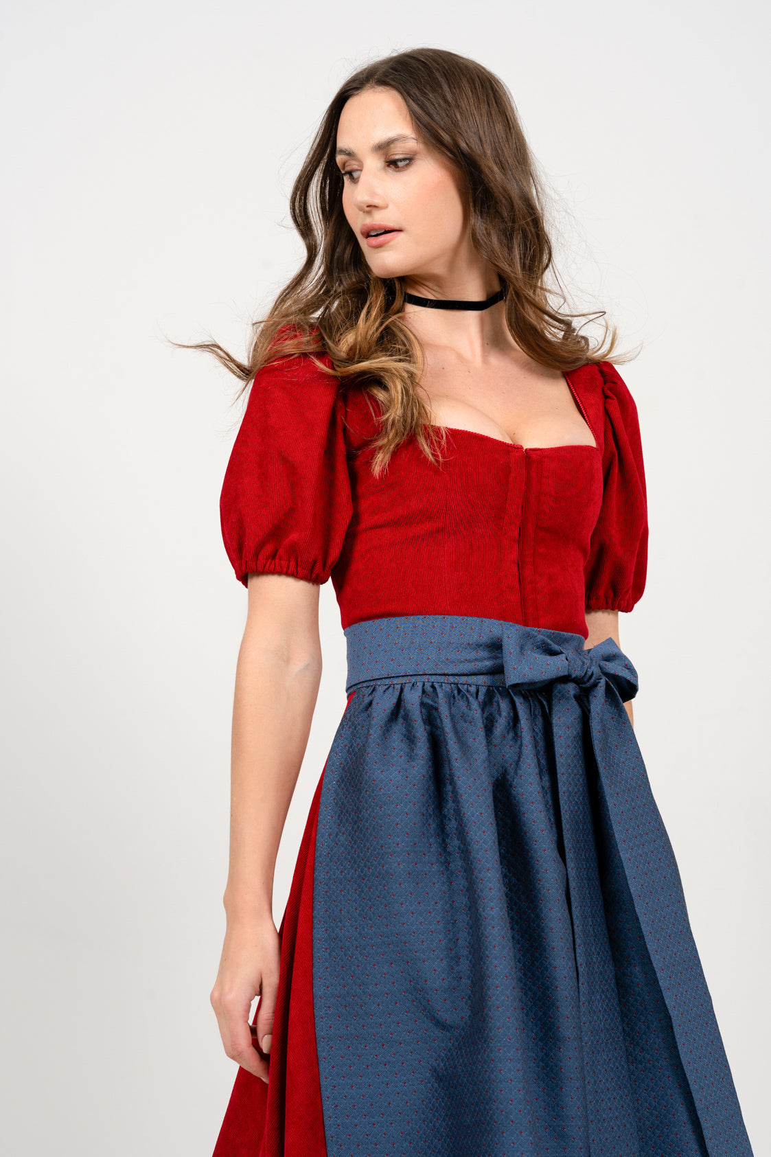 CORD DIRNDL FLARE TULIP KNALLROT/ BLAU