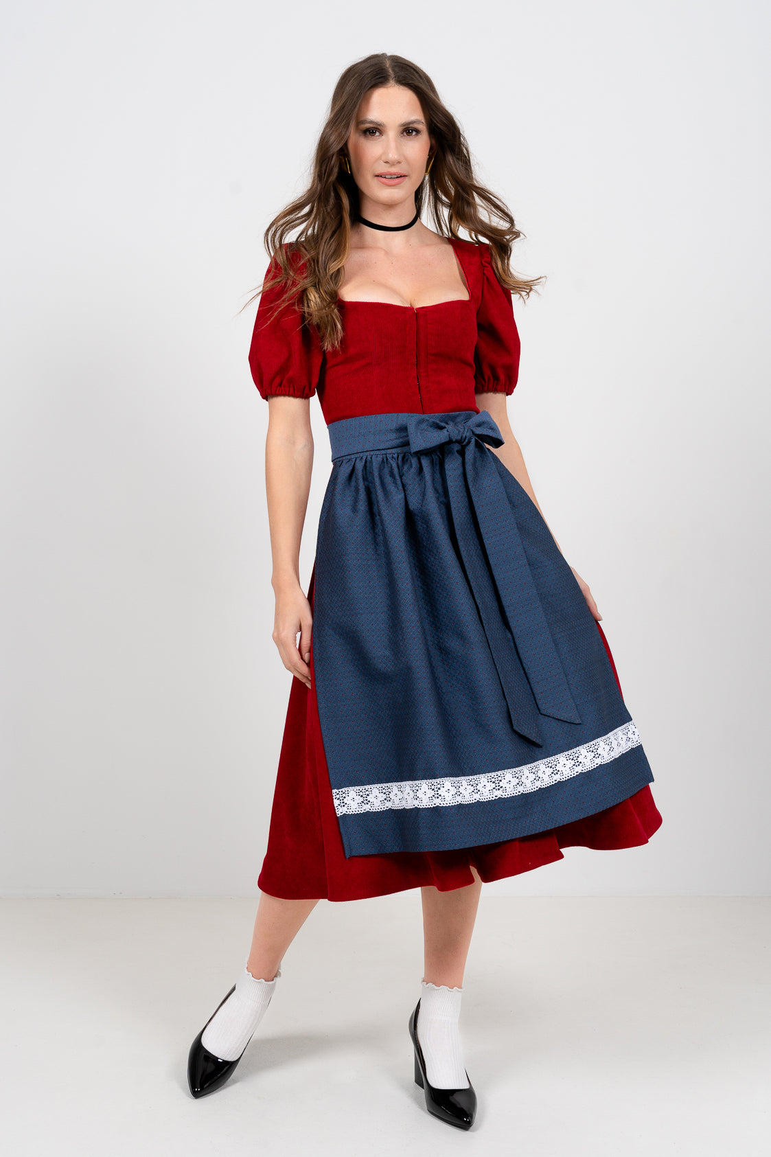 CORD DIRNDL FLARE TULIP KNALLROT/ BLAU