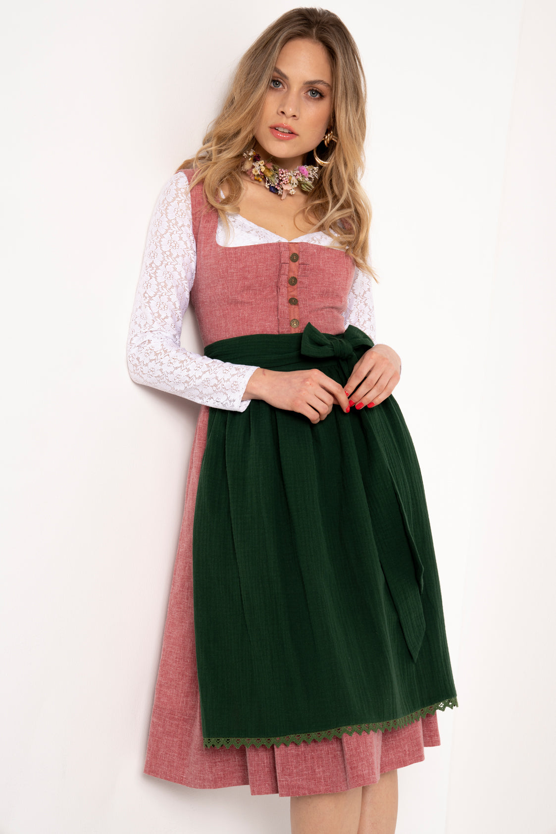 LEINEN DIRNDL TRADITIONAL ROSENHOLZ/ ALTGRUEN