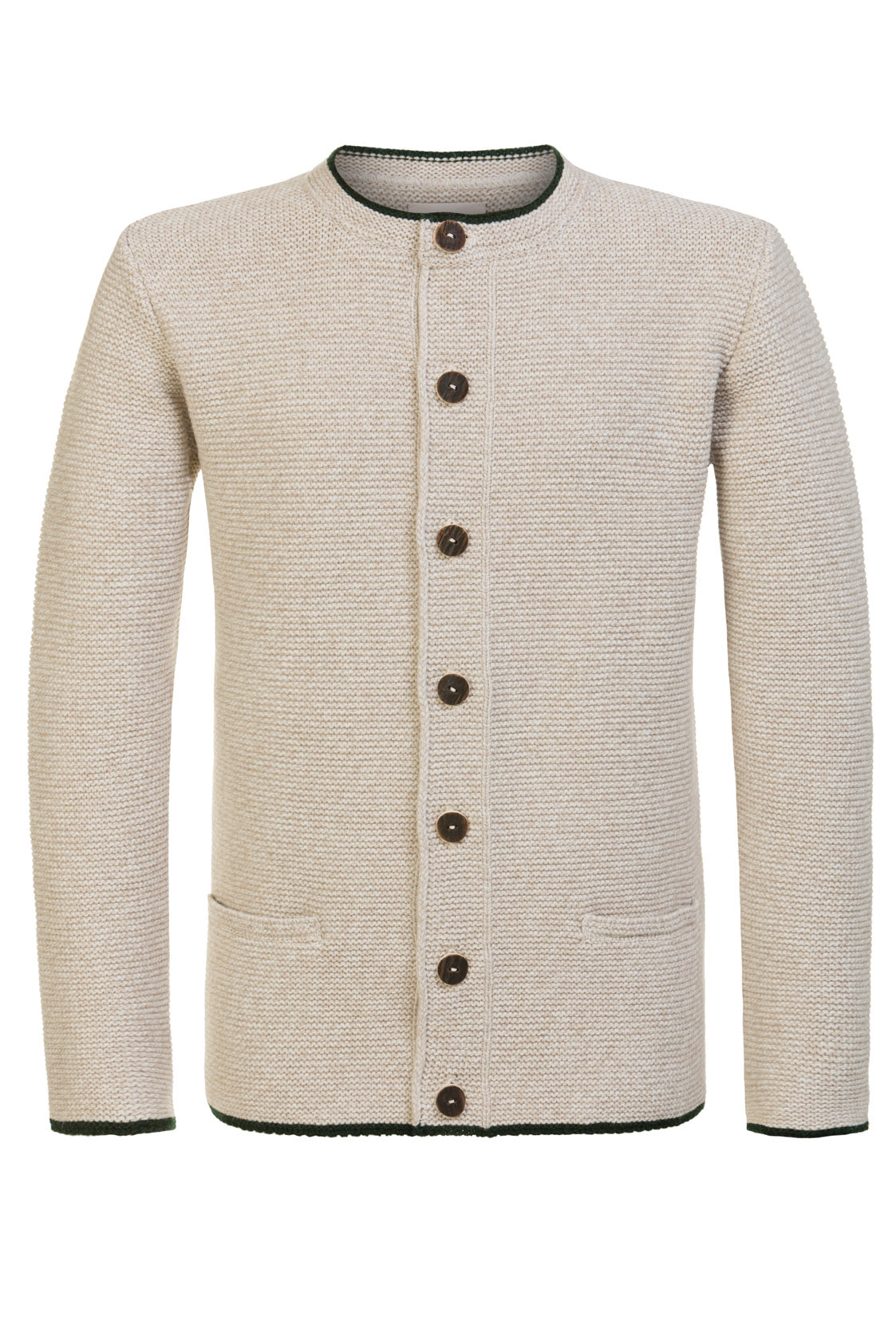 STRICKJACKE PETER MIT STEHKRAGEN BEIGE/TANNENGRÜN