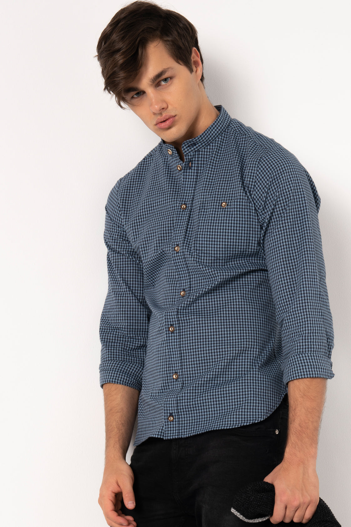 TRACHTENHEMD SLIMFIT FASHION KARO BLAU/ SCHWARZ