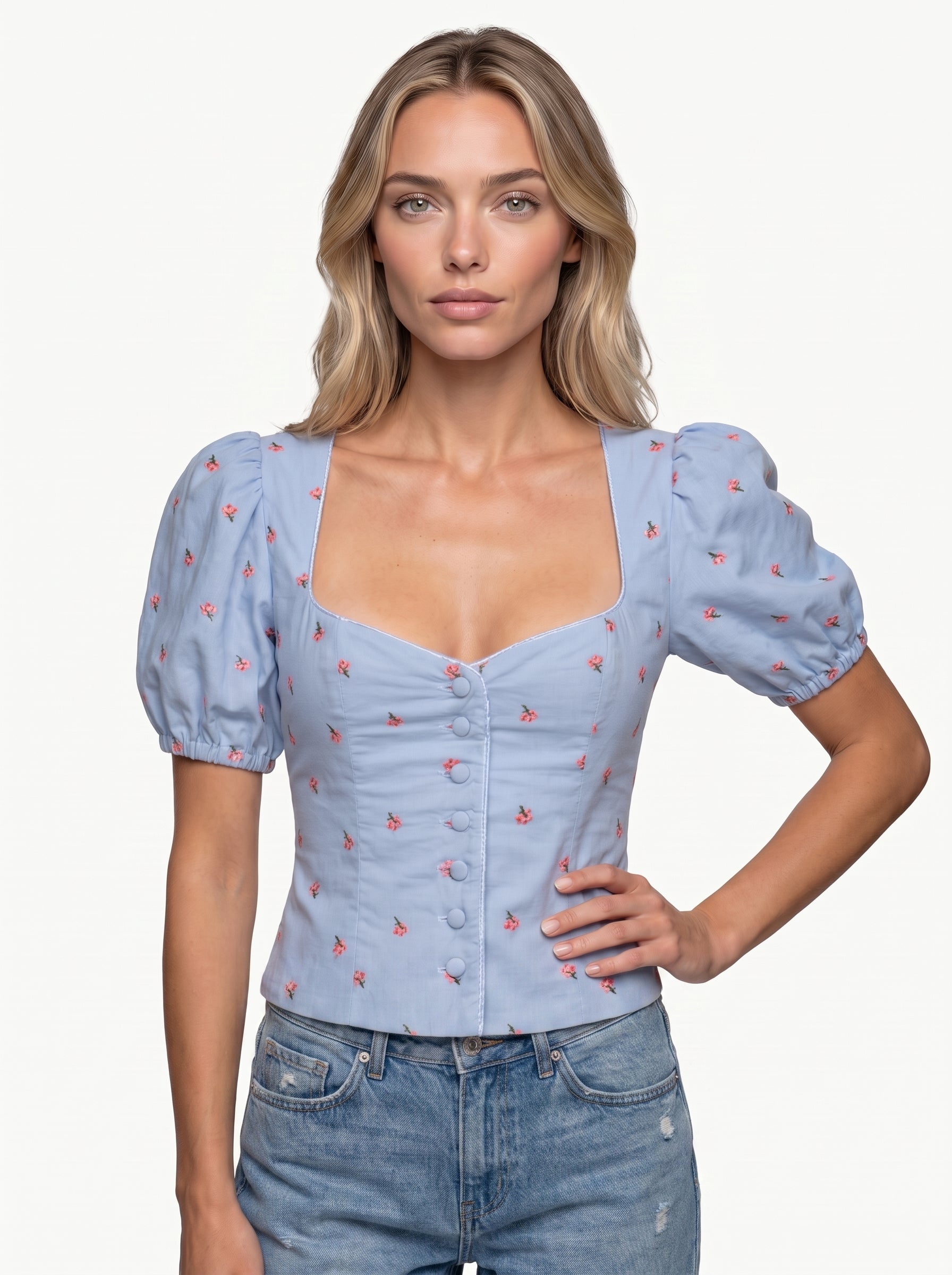 LEINEN MIEDER FLORAL EMBROIDERY HELLBLAU